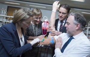 Ruth Patel and Simon Smith of Respiro Research and Development check out a venipuncture sleeve with Julie Sinnamon, CEO, Enterprise Ireland and David Merriman, Head of Enterprise Development, Bank of Ireland